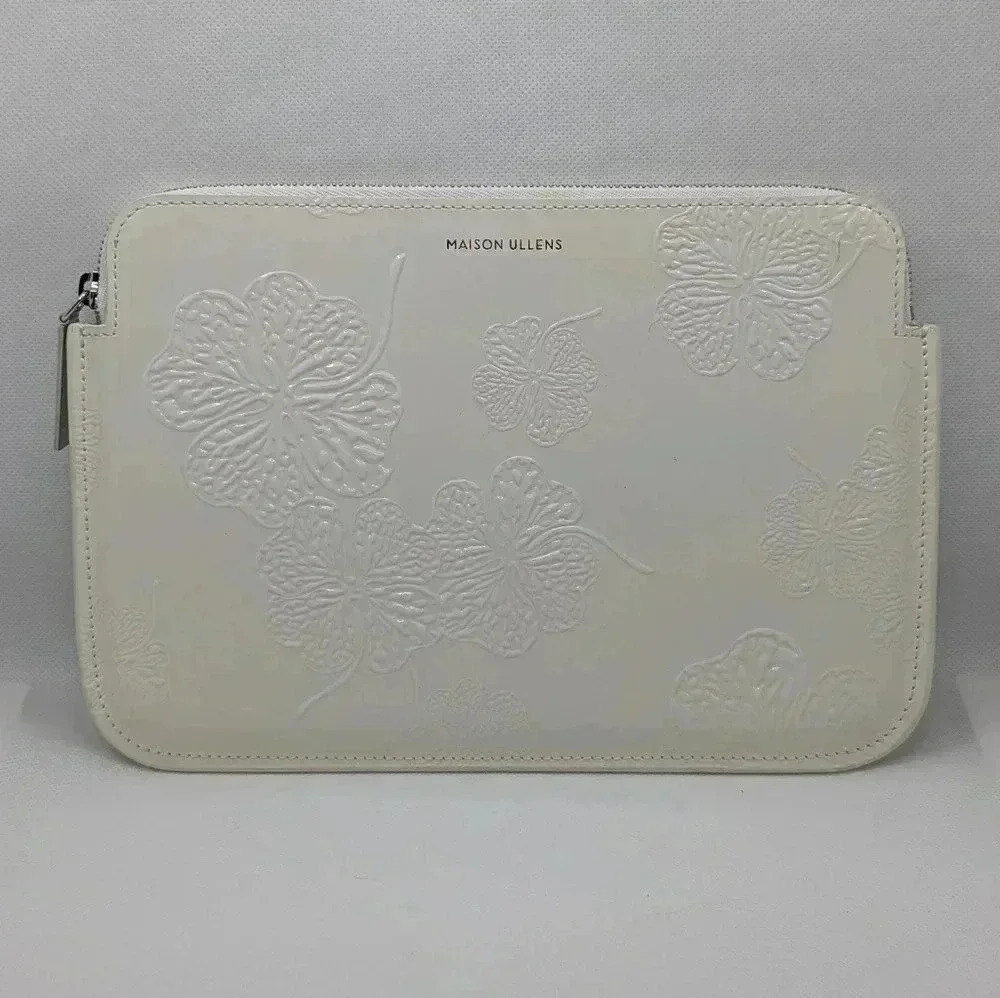 White Leather Floral Clutch Maison Ullens